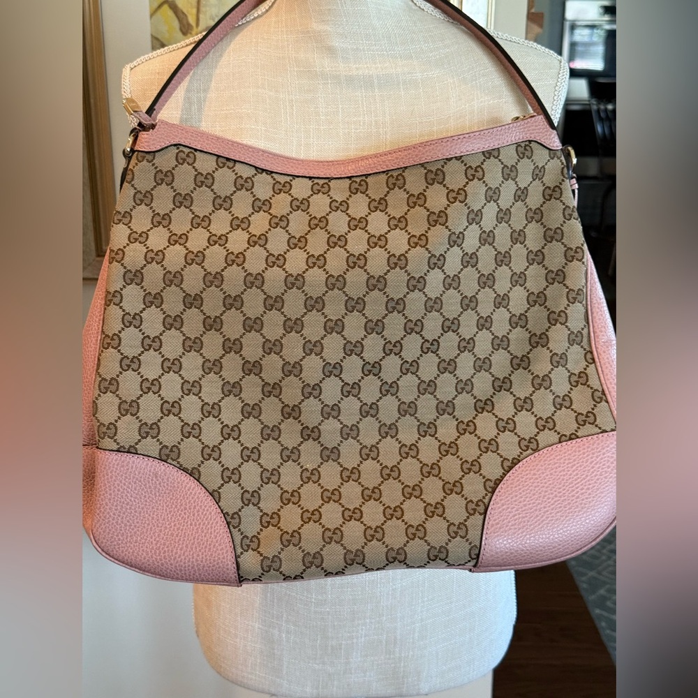 GUCCI 449244 204991 GG Canvas Monogram Large Bree Hobo Beige Soft Pink